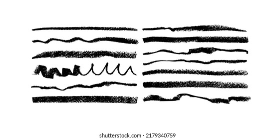 Líneas de carbón negro aisladas en fondo blanco. Accidentes horizontales con textura ruidosa. Elementos de diseño gruesos. Conjunto de líneas rectas y curas de grafito negro. Presión simple de pincel. 