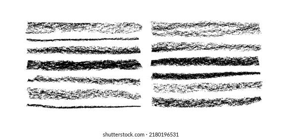 Black charcoal lines isolated on white background. Vector horizontal strokes with noisy texture. Grunge design elements. Set of black horizontal graphite lines. Simple brush strokes set. 