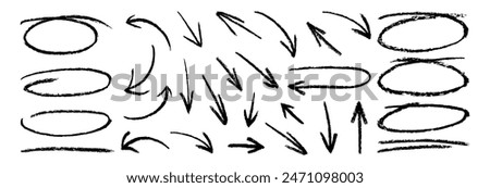 Black charcoal ovals and arrows strokes different forms.Set of design elements on white background.Rough charcoal arrows and circles. Brush elements for notes and underlining in text.