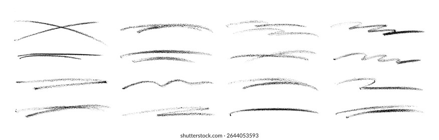 Conjunto de linhas de rabisco preto do lápis do carvão, traçados de textura desenhados à mão no fundo branco isolado	