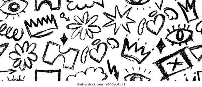 Black charcoal pencil shapes and doodles seamless pattern. Hand drawn vector quirky shapes in punk or childish style. Naive playful abstract charcoal scribbles. Doodles and curved lines.