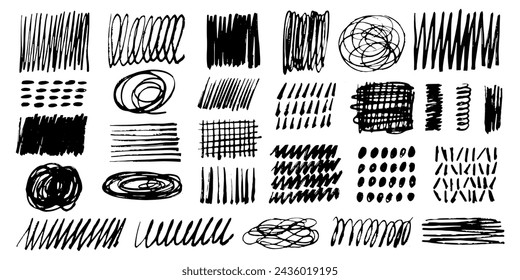 Black Charcoal pencil texture squiggles, hatches, lines. Ink brush scrawled, smudges, scribbles, rough underlines. Emphasis grunge texture collection.Vector doodle childish illustration