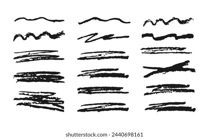 Subrayados y garabatos de lápiz de carbón negro. Dibujado a mano garabato pinceladas de carbón. 
  Líneas de pinceladas, trazos bruscos, garabatos, manchas aisladas sobre fondo blanco. Doodle elementos vectoriales