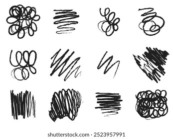 Black charcoal strokes, lines, squiggle, swirls and shapes set. Hand drawn vector abstract shapes and lines drawn with pencil or charcoal. Circles, scribbles and smears.