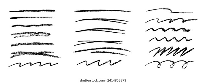 Black charcoal strokes.Rough charcoal strokes.Set of black hand drawn brush lines different forms on white background.Collection of vector grunge brushes. Vector horizontal chalk lines drawn by hand.