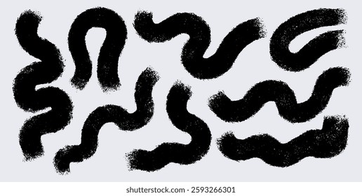 Black Charcoal Thick Wavy Lines, Semicircle, Hard Lines Circle Collection. Hand Drawn Vector Abstract Strokes For Design, Print, Collage. Geometric Style Waves And Curves, Bold Grunge Shapes.
