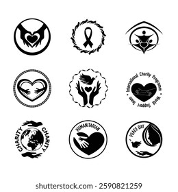 Black charity signs with different design elements. Grey help symbols labels