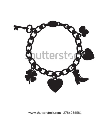 Black charm bracelet with heart, boot, key, and clover on white background, stylish accessory