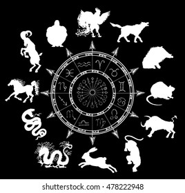 Black Chart With Horoscope Symbols And Chinese Zodiac Animals Silhouettes. Asian New Year Calendar Signs. Graphic Set With Hand Drawn Esoteric And Occult Illustrations.  