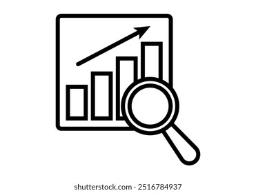 Black chart icon with magnifying glass for statistics analysis