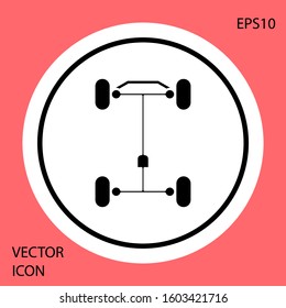 Black Chassis car icon isolated on red background. White circle button. Vector Illustration