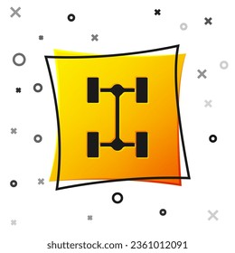 Icono de coche del chasis negro aislado en fondo blanco. Botón cuadrado amarillo. Vector