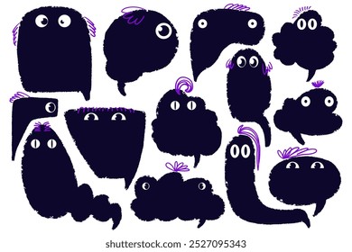 Colección de burbuja de chat negro con ojos de dibujos animados aislados sobre un fondo blanco. Cuadros de texto Abstractas para seleccionar texto.
