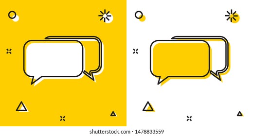 Black Chat icon isolated on yellow and white background. Speech bubbles symbol. Random dynamic shapes. Vector Illustration