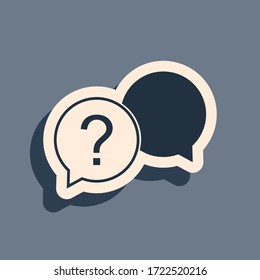 Black Chat question icon isolated on grey background. Help speech bubble symbol. FAQ sign. Question mark sign. Long shadow style. Vector Illustration