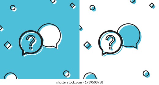 Das Fragesymbol des Black Chat wurde auf blauem und weißem Hintergrund isoliert. Symbol für Sprachblase in der Hilfe. FAQ-Zeichen. Fragezeichen Zufällige dynamische Formen. Vector Illustration