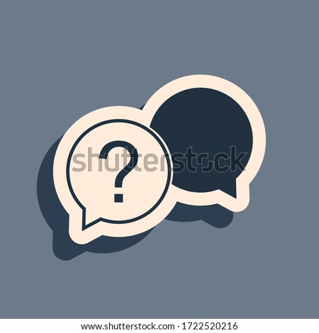 Black Chat question icon isolated on grey background. Help speech bubble symbol. FAQ sign. Question mark sign. Long shadow style. Vector Illustration