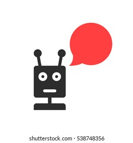 Black Chatbot With Speech Bubble. Concept Of Cyborg Ai, Irc, Chatter Box, Engine, Networking, Android, Droid, Communication. Flat Style Trend Modern Logotype Graphic Design Element On White Background