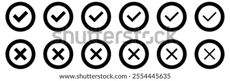 Black Check box icon with correct and cross mark icon box checked. Approve symbol. Tick symbol in black color. Black check mark and cross icon set, circle, and square.