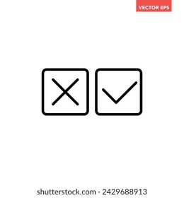 Black check boxes with check and cross mark line icon, simple sign up options flat design vector pictogram, infographic interface elements for app logo web button ui ux isolated on white background