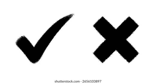 Black check and cross mark drawn with rough dry brush stroke texture for grunge design element symbol of approval and rejection vector icon set