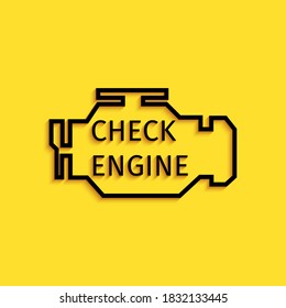Black Check Engine Symbol einzeln auf gelbem Hintergrund. Lange Schattenstil. Vektorgrafik.