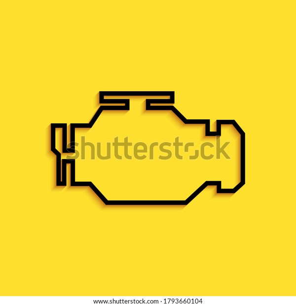 Black Check engine icon isolated on yellow\
background. Long shadow style.\
Vector.
