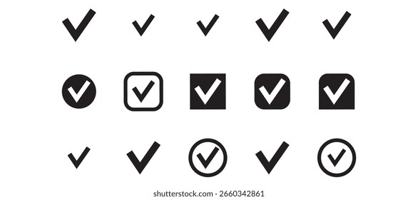 Conjunto de iconos de cheque negro. Símbolo de marca de verificación. Marque la casilla. Aprobar el Botón de signos. Casilla de verificación, lista de verificación, diseño de marca de verificación. Eps Vector 10 formato. Confirme el Botón. 
