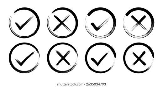 Black check mark approval and cross rejection vector signs. Tick, cross, yes, and no vector icon set. Grunge hand drawn rough style. Brush painted, marker sketch vector graphic collection.