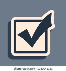 Black Check mark in a box icon isolated on grey background. Tick symbol. Check list button sign. Long shadow style. Vector Illustration