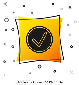 Black Check mark in circle icon isolated on white background. Choice button sign. Checkmark symbol. Yellow square button. Vector Illustration