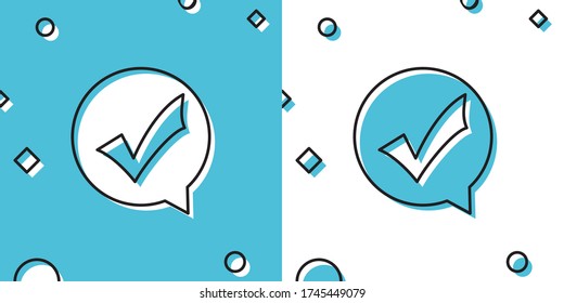 Black Check mark in circle icon isolated on blue and white background. Choice button sign. Checkmark symbol. Speech bubble icon. Random dynamic shapes. Vector Illustration