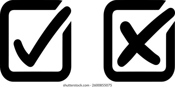 Black check mark and Black cross mark in circle. Isolated on white background, Vector illustration.