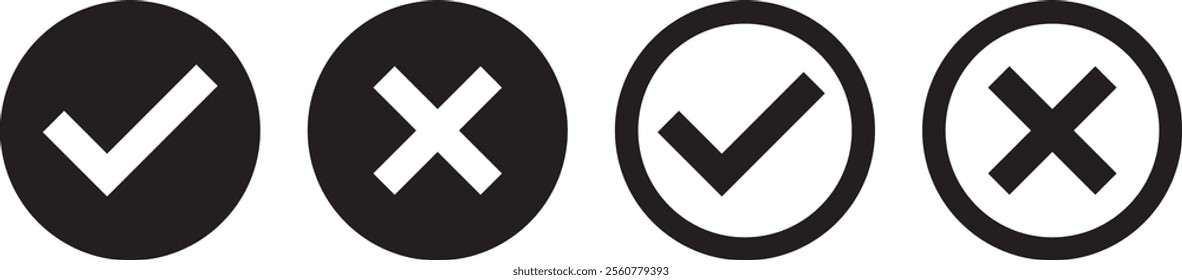 black check mark and black cross mark. flat icon design. Vector illustration