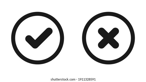 Black check mark and black cross icon.Set of simple icons in flat style: Yes-No, Approved-Disapproved, Accepted-Rejected, Right-Wrong, Correct-False, Green-Red, Ok-Not Ok. Vector illustration