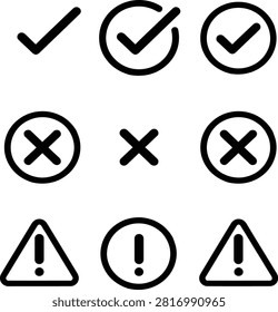 Black Check Mark Cross Warning Icon Set Outline Vector Collection