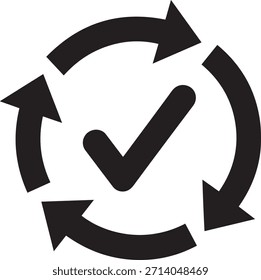 Uma marca de verificação preta é delimitada por um fluxo circular de quatro setas pretas sobre um fundo branco plano.