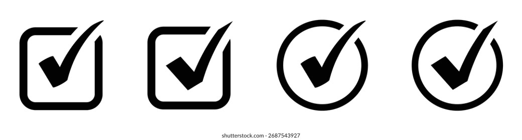 Black check mark icon. Done, approved, success, confirmation, validation, task completed vector icon isolated on white background.