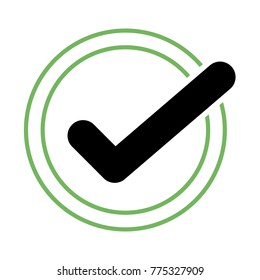 Black check mark icon in a green circle. Tick symbol vector illustration.