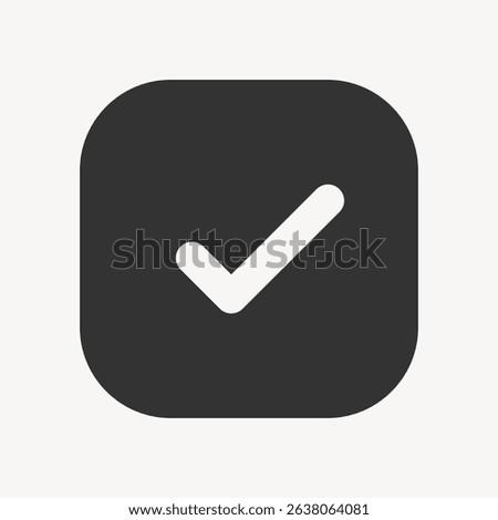 Black check mark icon on a gray background. Simple check mark design. Minimalist check mark symbol. Rounded square with Modern check mark graphic. User interface icon vector.
