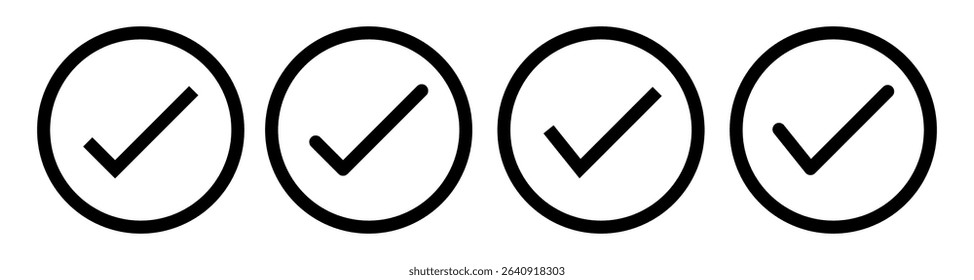 Black check mark icon. Profile verified badge. Check mark correct icon. Black checkmark in circle for checklist. Ok button, checkbox flat style isolated. Black tick symbol.