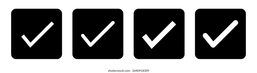 Black check mark icon. Profile verified badge. Check mark correct icon. Black checkmark in circle for checklist. Ok button, checkbox flat style isolated. Black tick symbol.