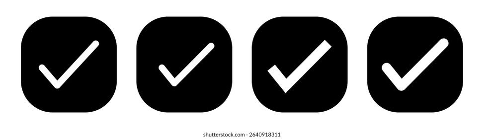 Black check mark icon. Profile verified badge. Check mark correct icon. Black checkmark in circle for checklist. Ok button, checkbox flat style isolated. Black tick symbol.