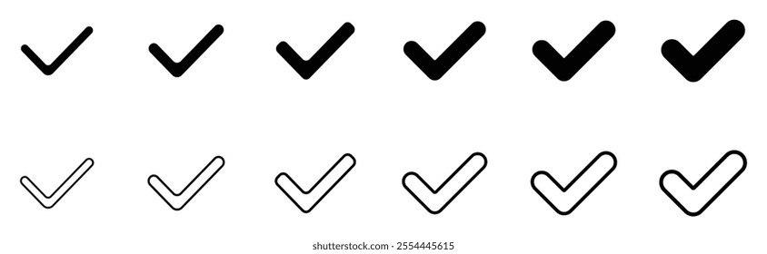 Black check mark icon set. black fill, line, dash check mark icons. Illustration. tick mark icon with rounded corners. Set of various color and various types check or tick makr icon. 