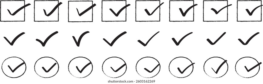  Black check mark icon set. Hand drawn check mark button set for checkbox and Vote, Exam, Survey.