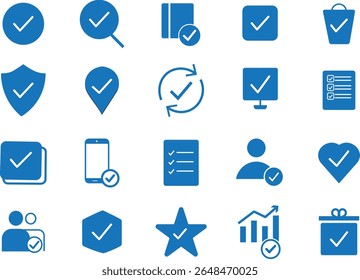 schwarz Prüfzeichen-Symbolsatz, Arbeitsprozess,bestätigen, genehmigen, Prüfzeichen-Design, Bearbeitbarer Strich, Volltonfarben-Symbole. Vektorgrafik,

