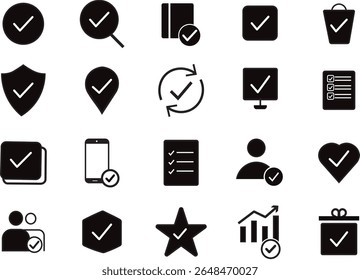 black Check mark icon set, working process,confirm, approve, Check mark design, Editable stroke, Solid colors icons. Vector illustration,

