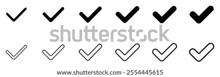 Black check mark icon set. black fill, line, dash check mark icons. Illustration. tick mark icon with rounded corners. Set of various color and various types check or tick makr icon. 