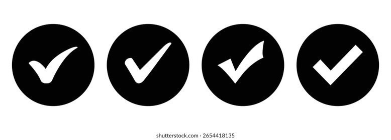 Symbol für schwarzes Häkchen. Einfaches Markierungsfeld in einem Kästchen mit unterschiedlichem Stil.