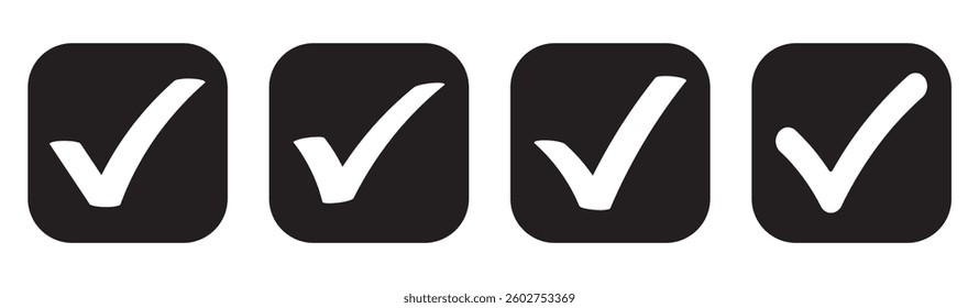 Black Check mark icon vector set. Black tick check mark icon. Set of black check mark isolated vector icons. Vote symbol tick. Approved symbol. Check mark icon set. Tick list button icon